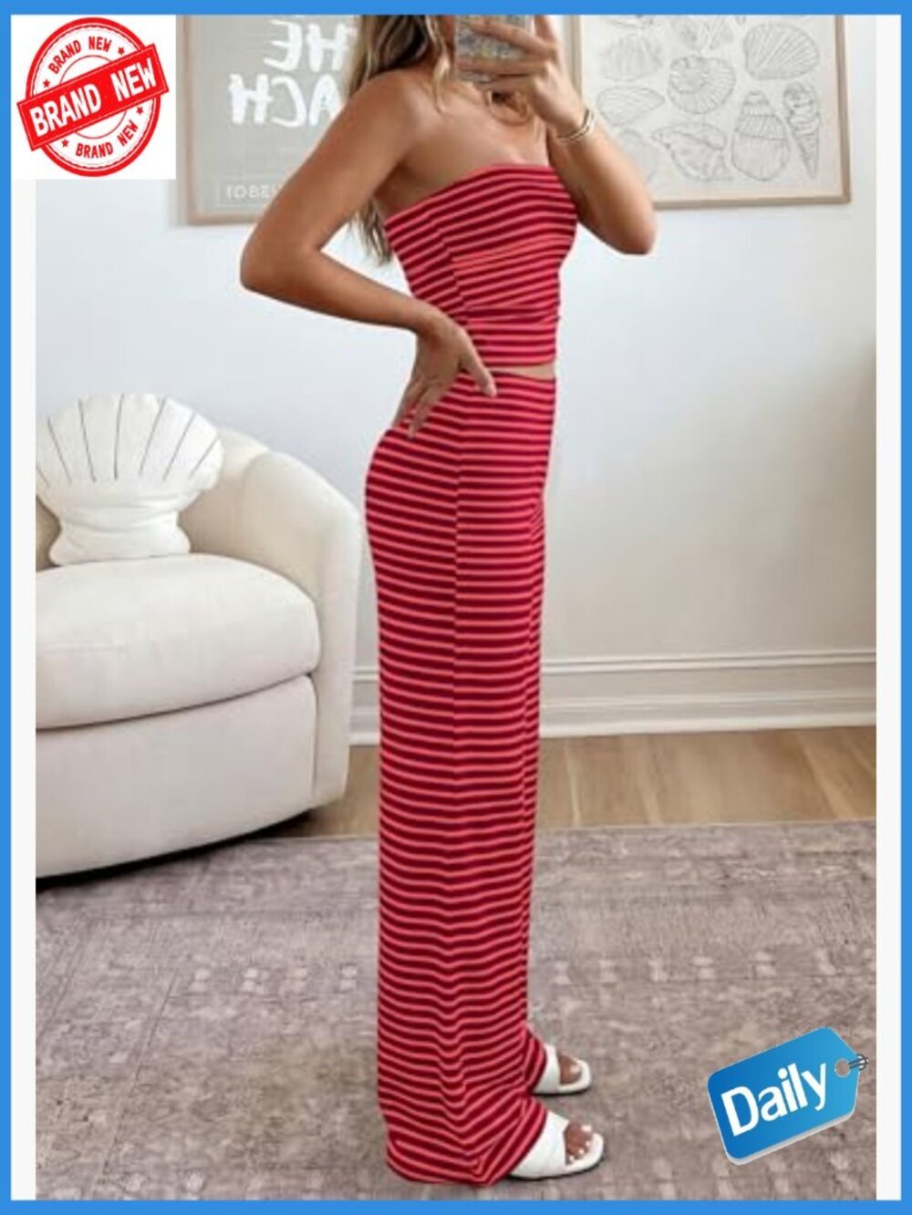 Two Piece Stripe Tube Top & Wide Leg Pants Set Summer Travel Outfit - Picture 3 of 7